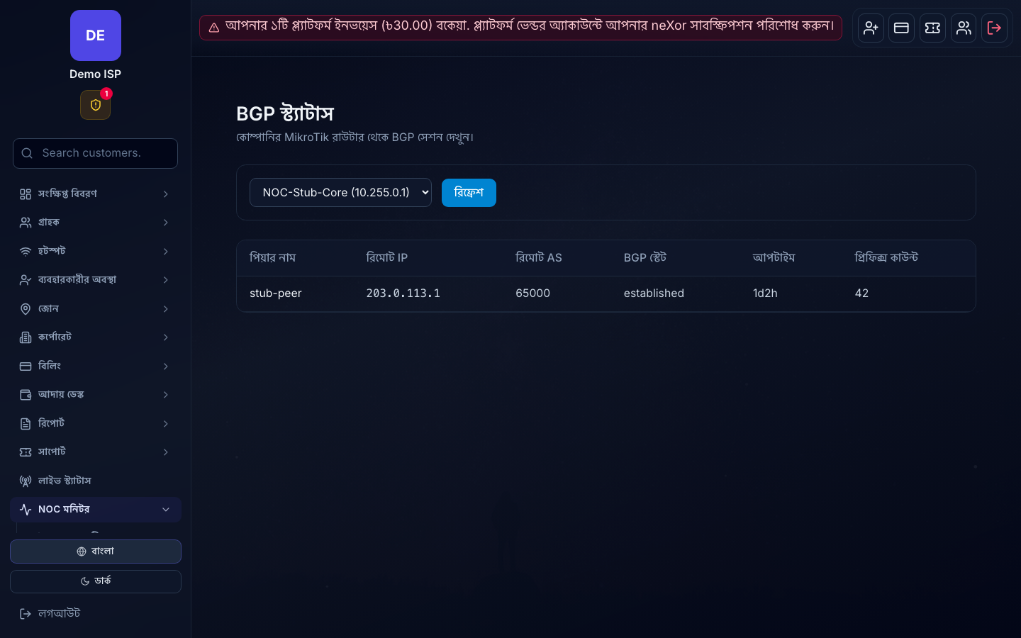 BGP Status — live sessions from a selected MikroTik